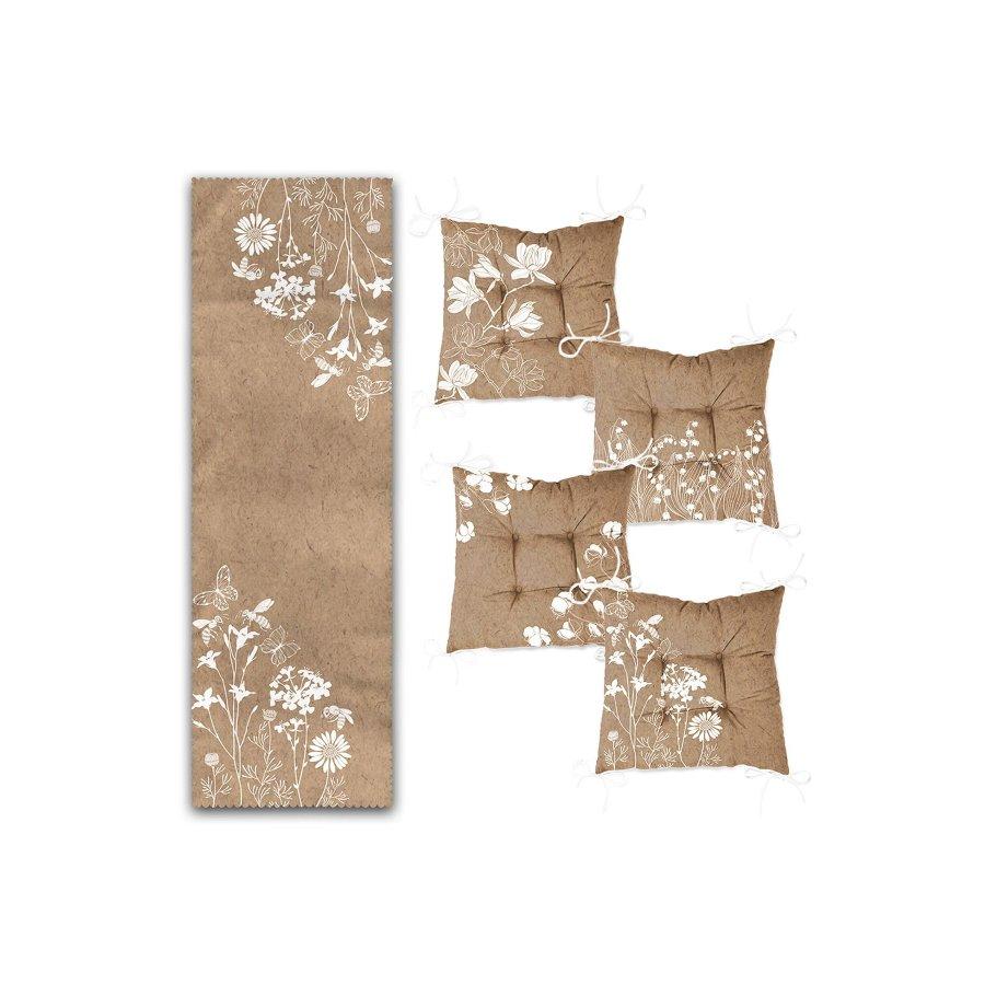 Conjunto de almofadas de cadeira impressas digitalmente com design de padrão de flor / 4 peças de almofadas de cadeira quadradas de 40 × 40 cm e corredor de 1 peça