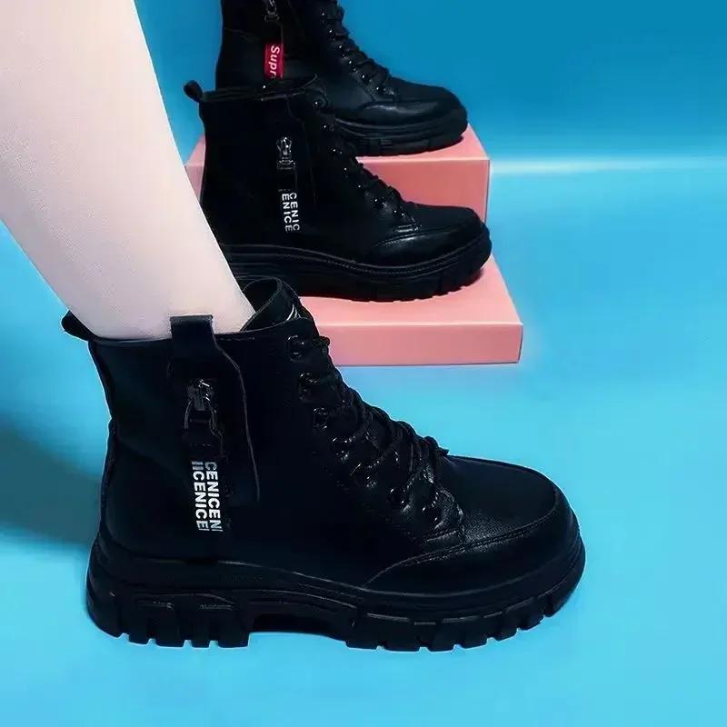 Women's Boots Black Lace Up Platform Ankle Boots Fashion Thick Sole Short S Female Warm Cotton Shoes Winter Snow  2024