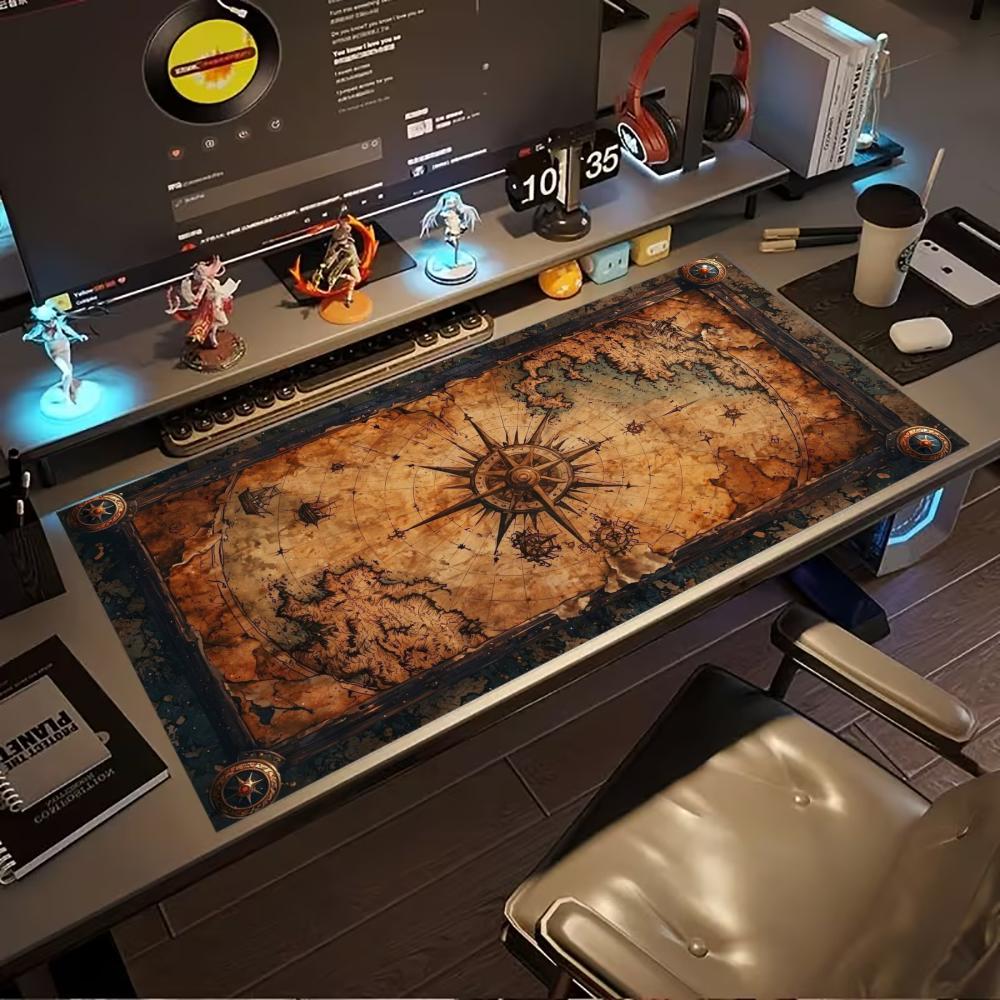 Vintage Compass World Map Large Gaming Desk Mat Non Slip Rubber Mouse Pad Stitched Edge Keyboard Mat Laptop Game Accessory