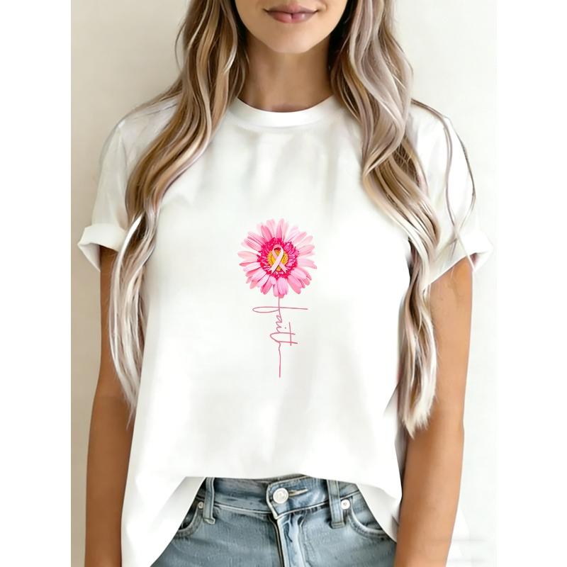 

White T-Shirt With Pink Flower And Yellow Ribbon Print For Breast Cancer Awareness Casual Wear XXXXL білий