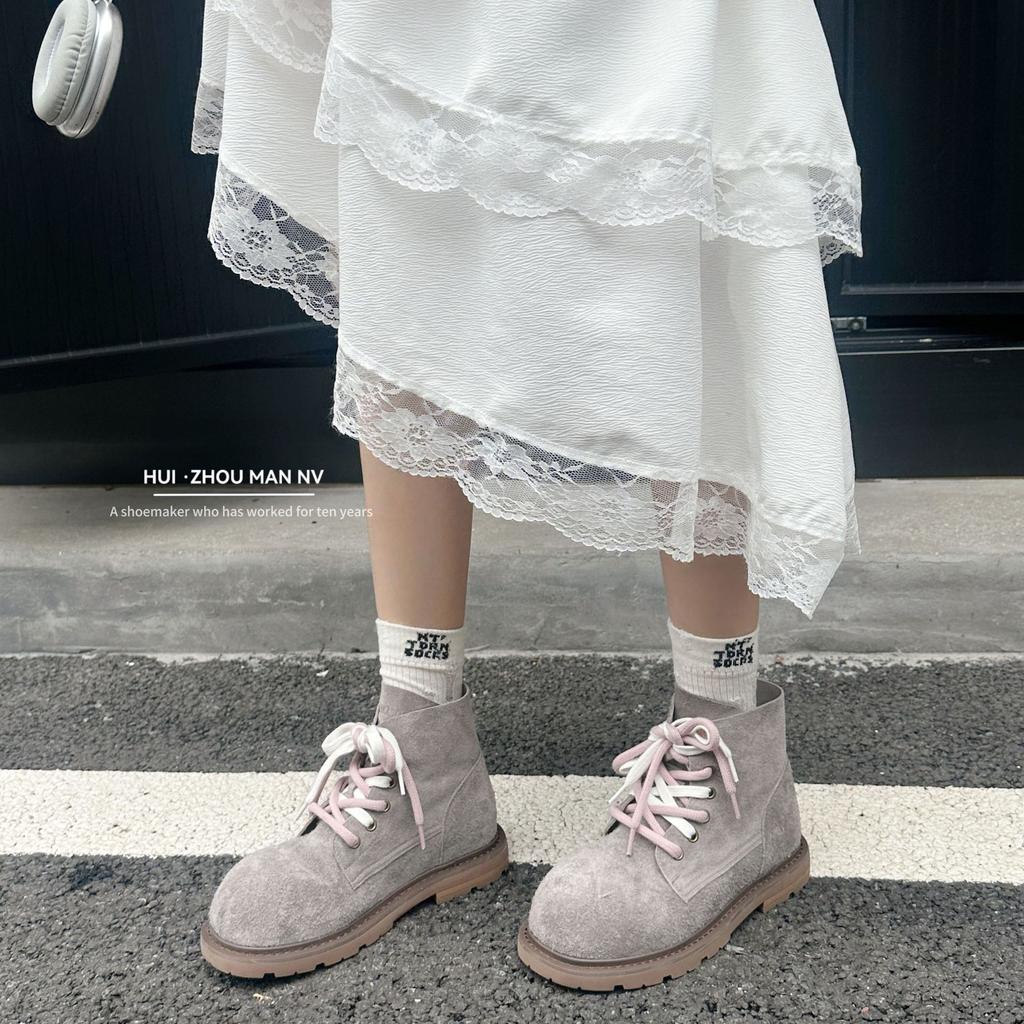 Cowhide boots thick-soled Maillard height increase 4cm fashionable large round head contrasting color double shoelaces short Martin boots women's aut