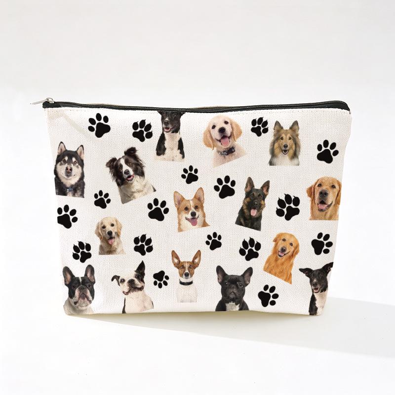 Cute Dog Print Linen Makeup Bag - Wear-Resistant & Portable Storage with Zipper