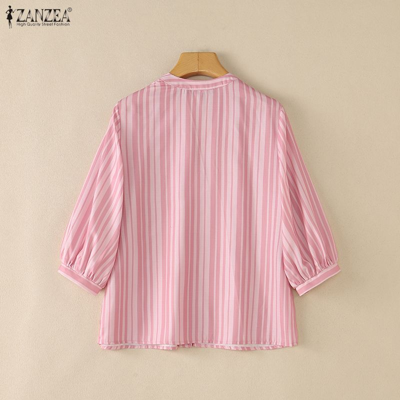 ZANZEA Women Commute Casual V-Neck Stripe Print Loose 3/4 Sleeve Blouse