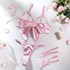 Hollow Out Satin Silk Bra Suit Bow Women Lingerie Set Fashion Underwear Three Piece Set  Gifts