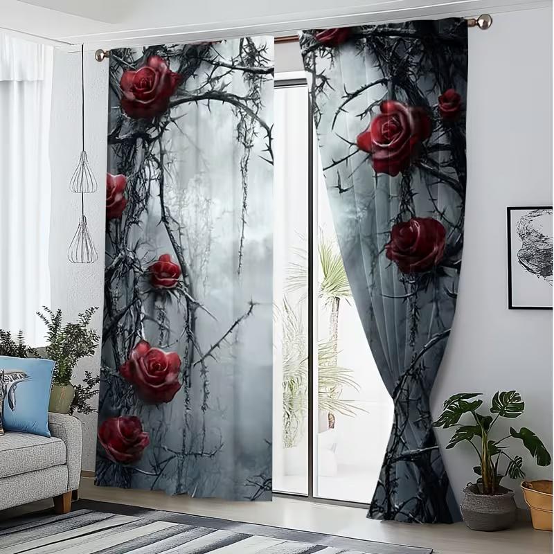 2 Pcs Thorny Rose Print Curtains,suitable for Bedroom,living Room Kitchen Decoration,home Decoration,window Decoration