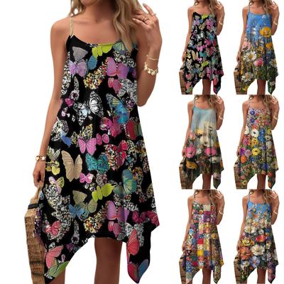 Women's Summer Casual Vintage Floral Print Round Neck Adjustable Suspender Dress With Pockets