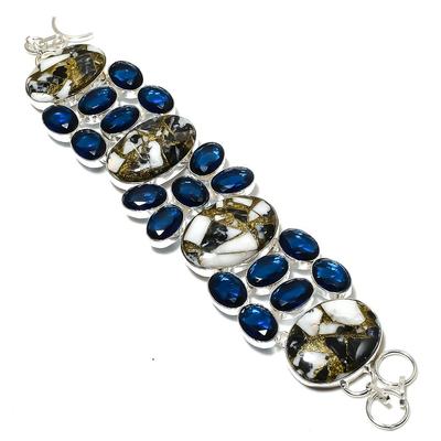 Natural Zebra Jasper, Blue Topaz Gemstone 925 Sterling Silver Bracelet 7-8" M3n83