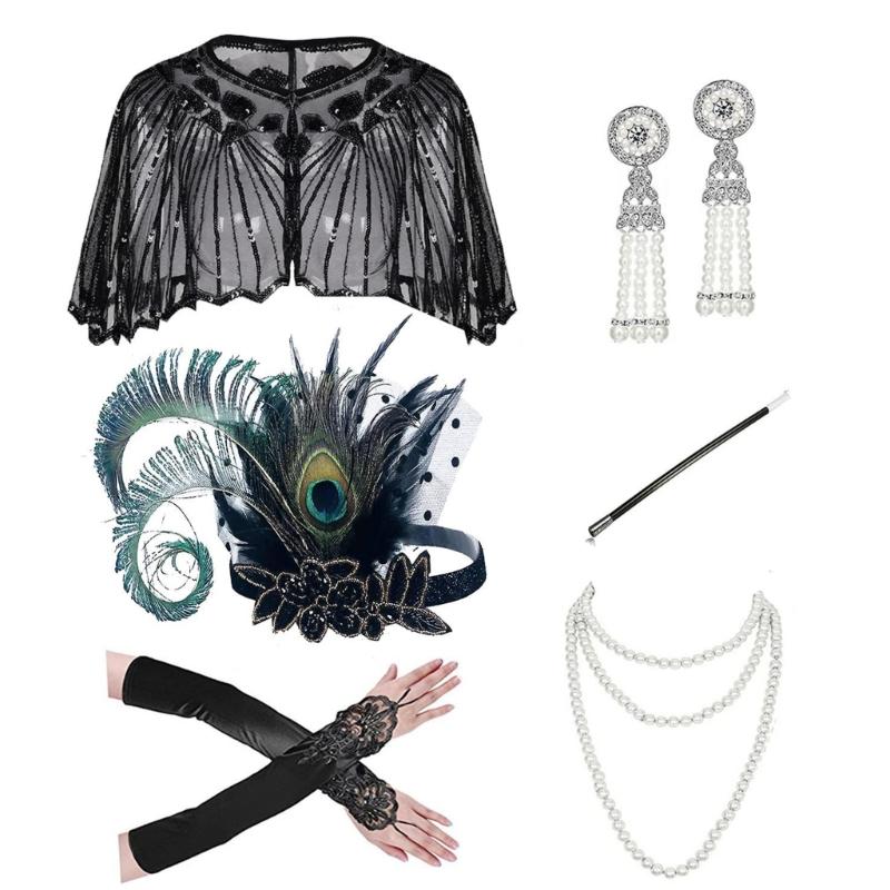 Vintage 1920s Flapper Party Women Costume Accessories Set Feather Headband Necklace Earrings Gloves for Cocktail Party