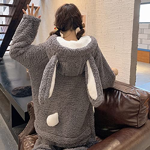 ZHENGTU Women's Cute All-in-One Hooded Pajamas with Rabbit Ears, Warm and Comfortable for Fall and Winter, Casual and Casual Wear (Gray, Size L)