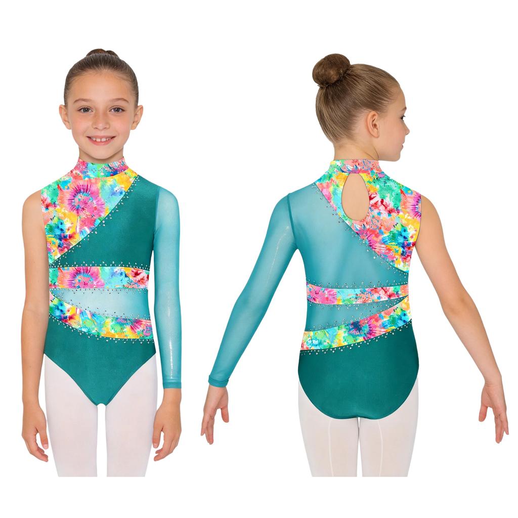 Girls Gymnastic Leotard Sparkly Rhinestones Patchwork Asymmetric Sleeve Design Back Hole Out Crotch Press Buttons Dance Unitard Competition Bodysuit