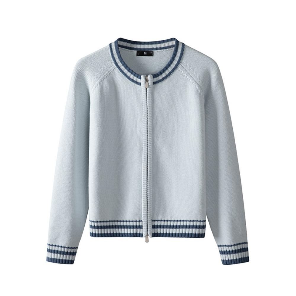Women's O Neck Long Sleeve Cardigan Regular Fit Casual Knit Sweater Full Zip Striped Jacket
