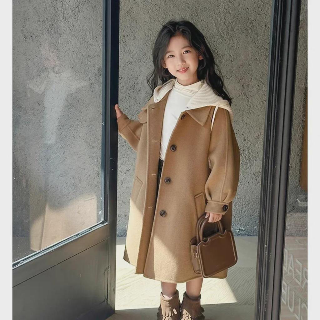 "2024 Girls' Medium/Large Woolen Winter Coat: Korean-Style Loose Cardigan Windbreaker"