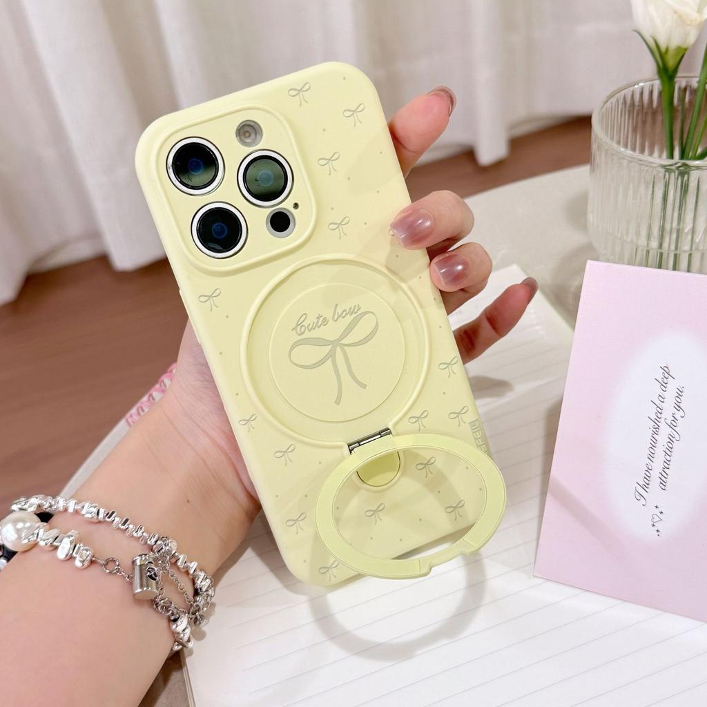 MagSafe Bowknot Silicone Phone Case with Ring Holder, Cute Macaron Color Kickstand Cover for iPhone