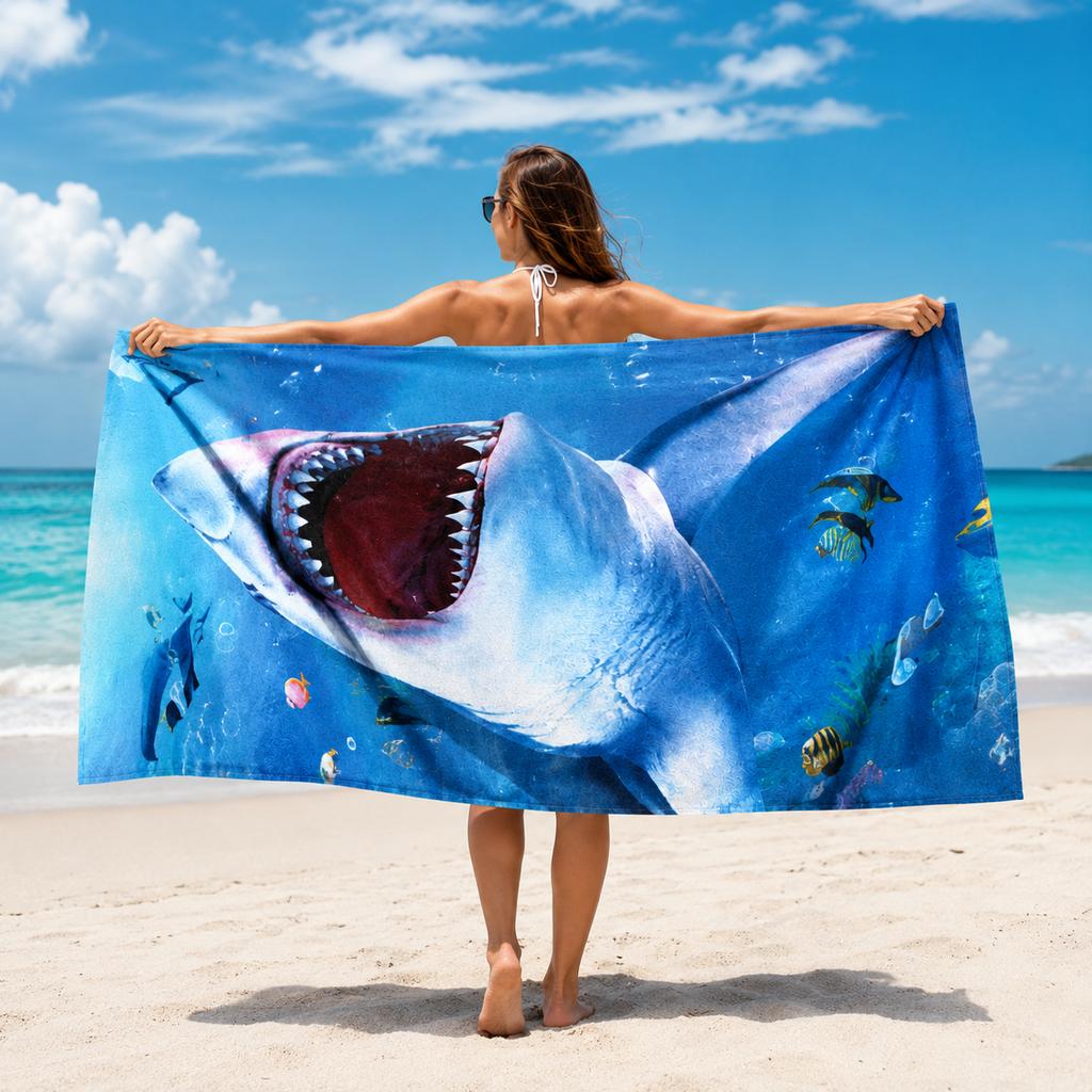 Cool Shark Beach Towel 3D Ocean Print Quick Dry Pool Bath Towel For Men Boys Kids Summer Vacation Travel Accessory