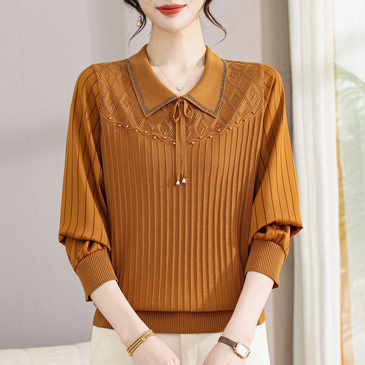 Elegant Retro-Style Women's Knit Top with Lapel Design - Fashionable and Casual for Spring and Autumn