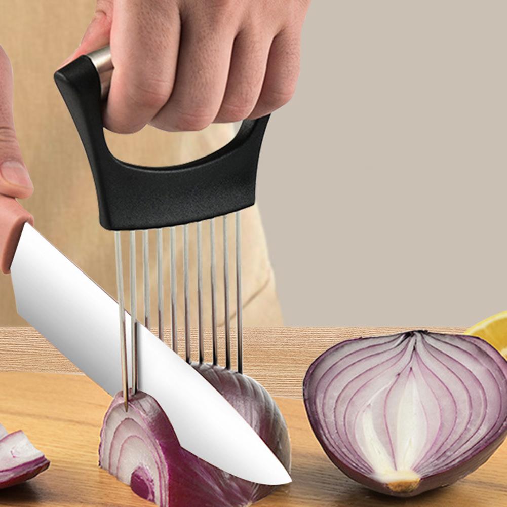 1pc Stainless Steel Onion Slicer Tool Portable Kitchen Potato Chip Onion Holder For Vegetables & Meat