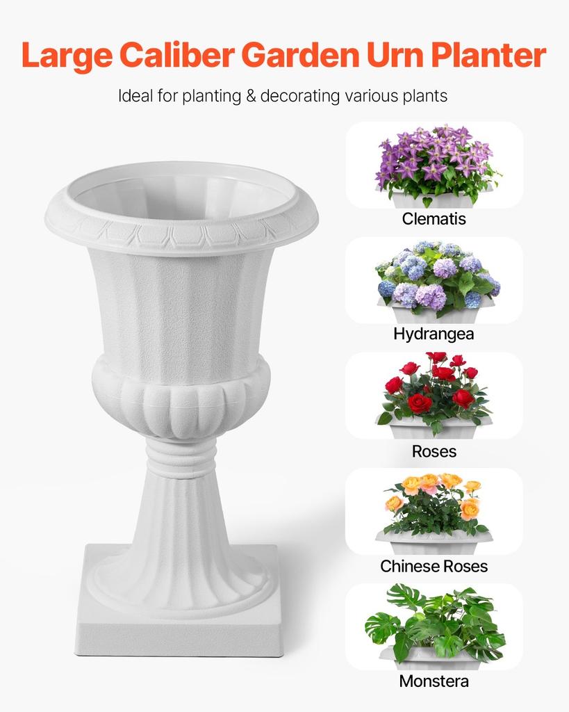 Jardinières Urne en Plastique, 25 x 42 cm, Lot de 2 Pots à Fleurs Classiques Blancs Jardinières de Porche, Vase Intérieur et Extérieur pour Mariage, Fête, Événement, Maison, Scène,