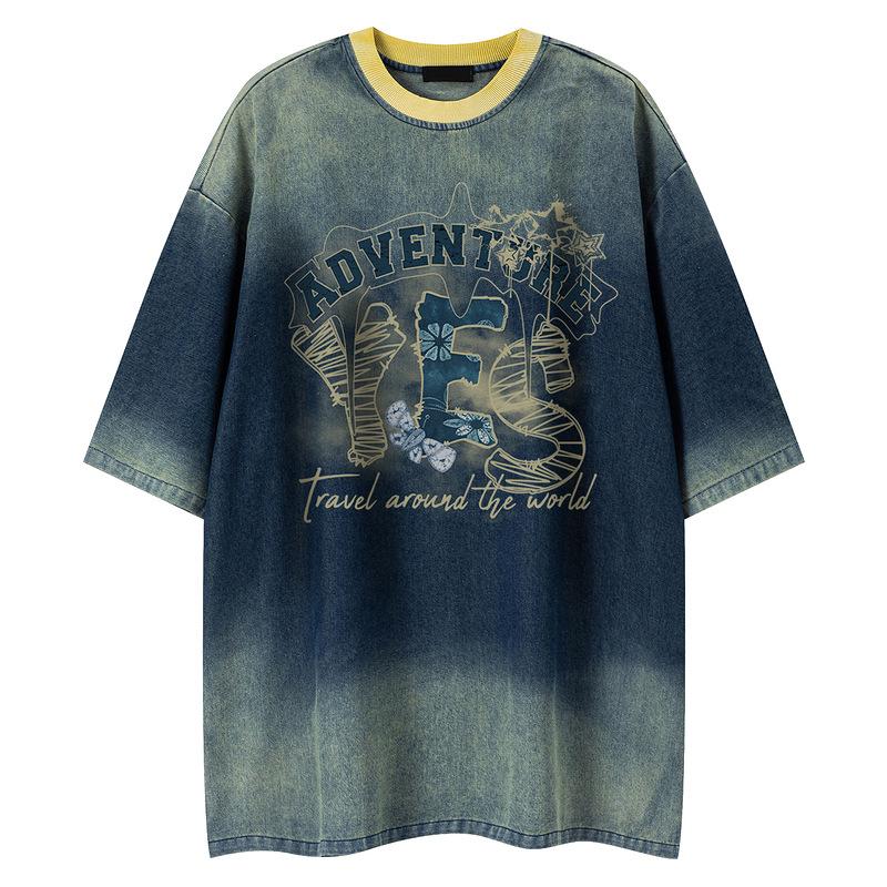 Retro old letter printed denim short-sleeved T-shirt for men and women street oversize loose casual couple top