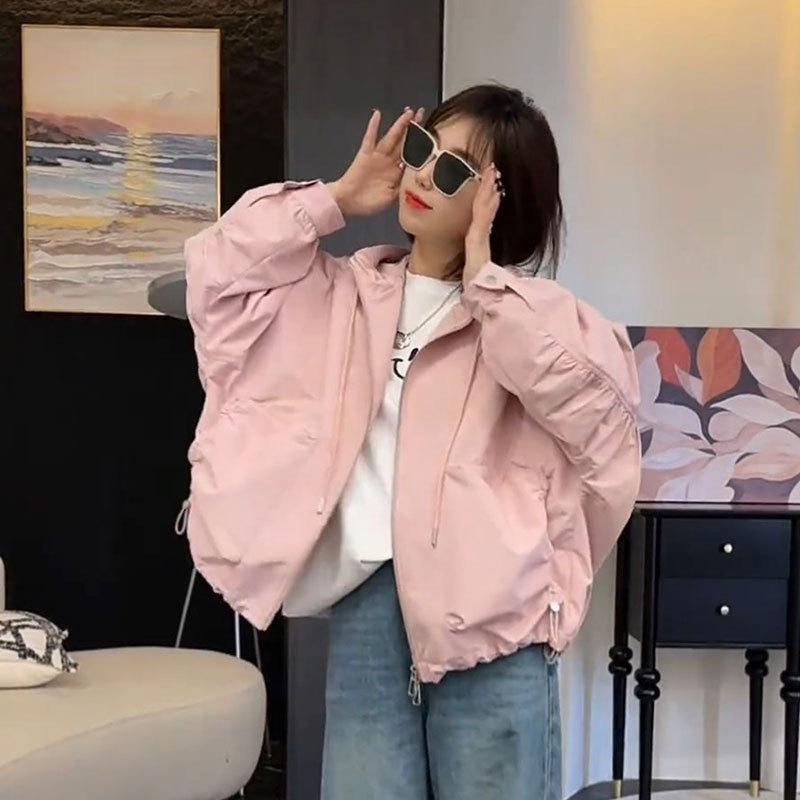 

2025 Корейский стиль Повседневная однотонная куртка-ветровка с капюшоном Женская Extra Large розовый