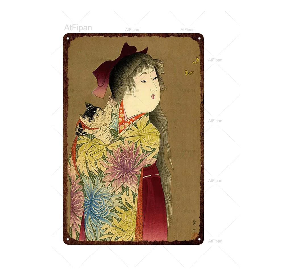 Vintage Japanese Samurai Cat Tin Sign  Retro Metal Wall Art for Home Decor  xCM  Unique Animal Tattoo Design