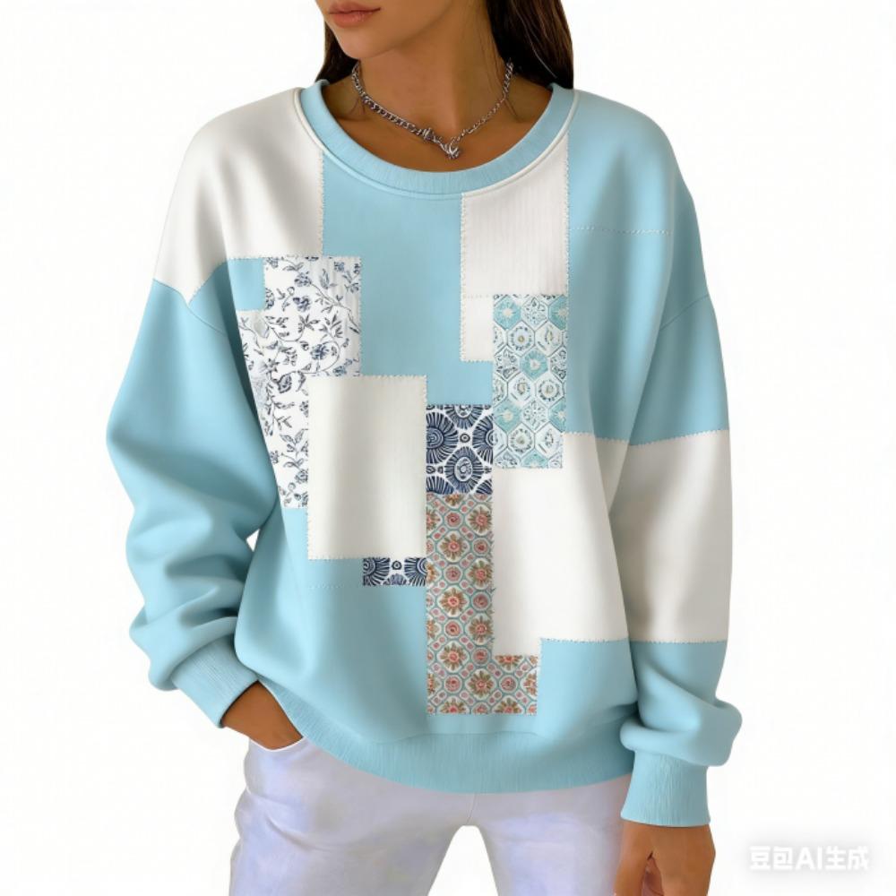 אופנת אביב שילוב צבעים חולצת טי לנשים קז'ואל הדפס וינטג' פולאובר לנשים בגדי שרוול ארוך קז'ואל בחוץ חולצות טי עליון