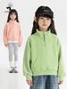 Girls' Korean Style Stand Collar Hoodie, Solid Color Zip Front, Autumn/Winter Sports Top for Big Kids