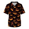 Men's V-Neck Short Sleeve Scrub Top with Halloween Print and Chest Pocket