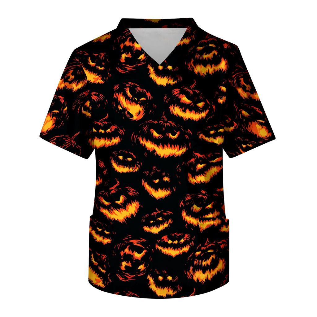 Men's V-Neck Short Sleeve Scrub Top with Halloween Print and Chest Pocket