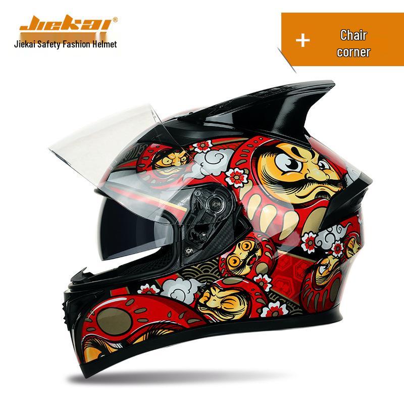 Jiekai Full Face Flip-Up Motorcycle Helmet for Men & Women with Horn Design - All Season Racing Safety Helmet.