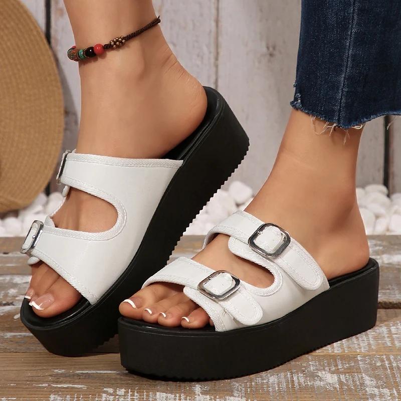 Zapatillas Punk de Moda con Hebilla Doble de Metal y Suela Gruesa para Mujer, Sandalias de Plataforma Gruesa de Moda para Mujer, Chanclas de Playa Antideslizantes para Exterior de Verano