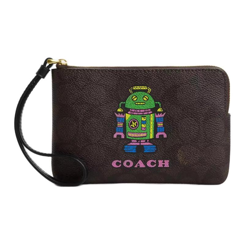 COACH Cosmic 16 Logo Robot Print Coated Canvas Clutch Mini Women s Walnut коричневый
