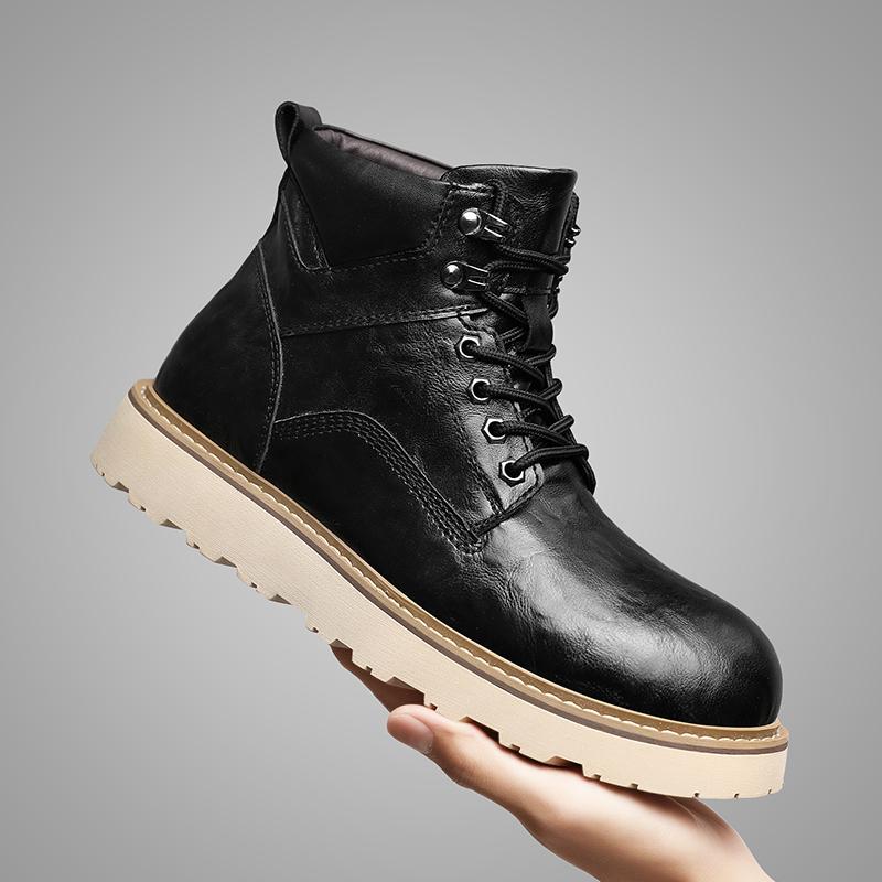 Herbst Winter Warme Plüschfell Winterschuhe Neue Schnürung Herren Freizeit Leder Motorradstiefel Dicke Sohle Rutschfest Männliche Knöchel-Botas