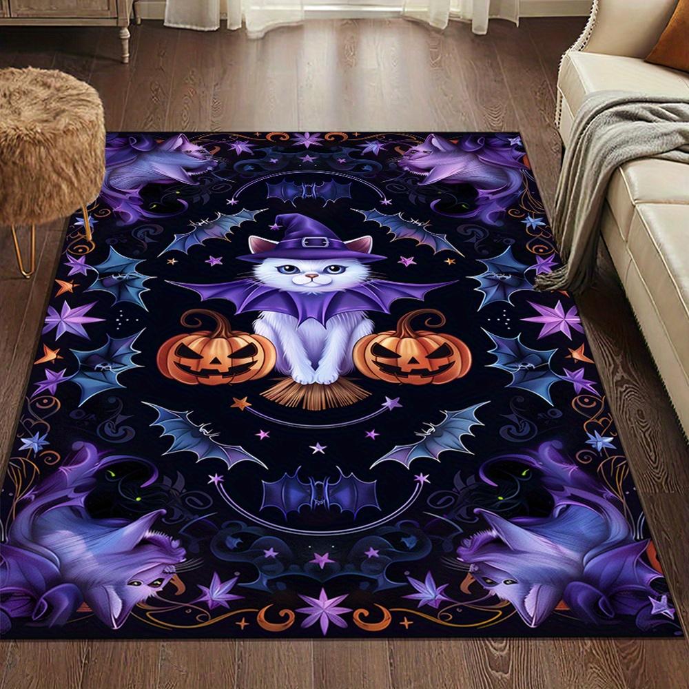 All Saints' Day Themed Rug: Comfortable and Versatile Printed Area Carpet with a Cute Cat and Pumpkin Design, Perfect for Your