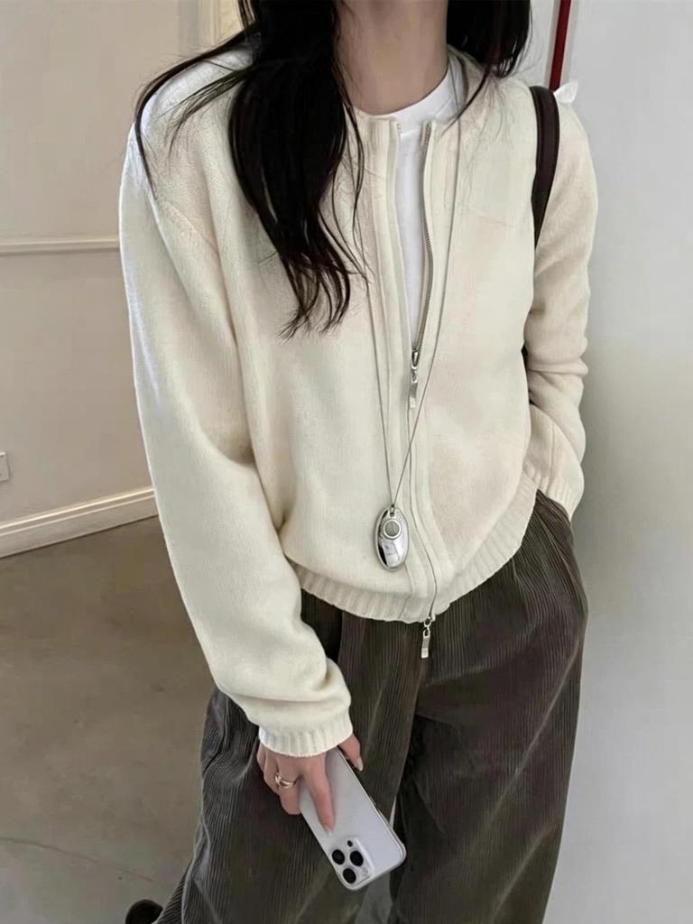 2026 Autumn/Winter Pure Wool Loose Long Sleeve Double Zipper Cardigan Sweater