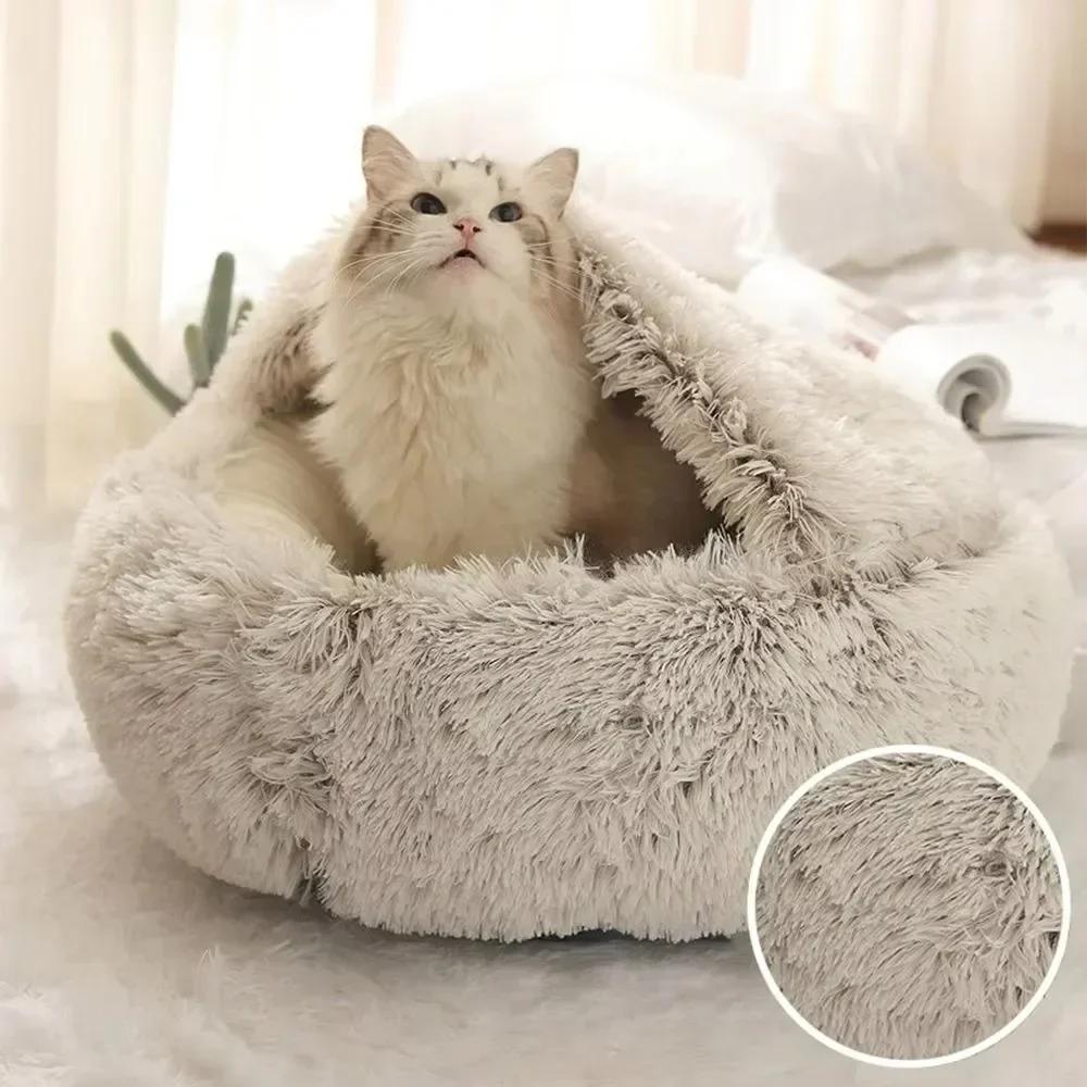 Warm Long Plush Pet Bed Round Cats Cushion Cat House 2 in 1 Comfortable Sleep Bag Enclosed Round Cat Cushion House Warm Basket