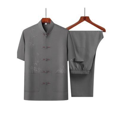 Middle-aged and Elderly Bamboo Leaf Short-sleeved Shirt Men's Summer Casual Suit Dad Summer Thin Shirt Old Dad Tang Suit