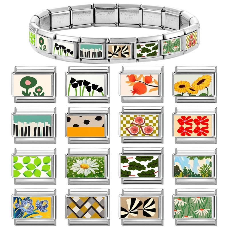Fashion Green Scenery Lemon Cat Flower Eyes Piano Italian Charm Link Fit 9mm Stainless Steel Bracelet Girls' Making DIY Jewelry