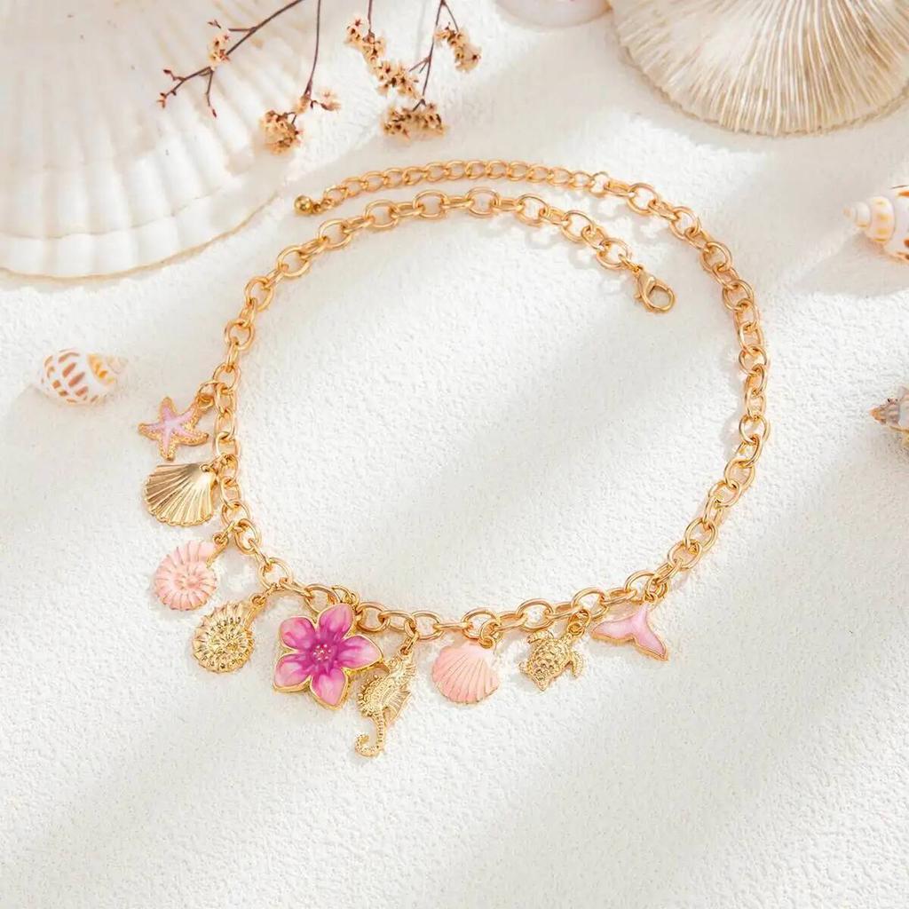 IngeSight.Z Sweet Romantic Starfish Shell Pink Flower Pendant Choker Necklace Women Summer Beach Charm Aesthetics Jewelry Gift