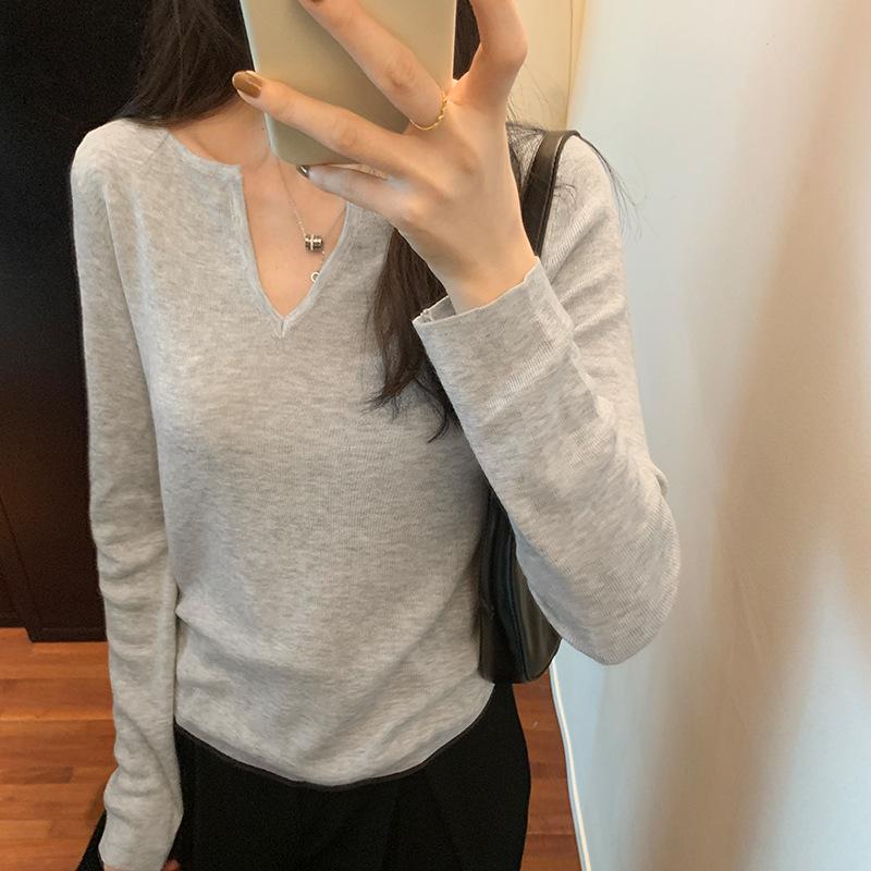Lazy Style V-neck Pullover Long-sleeved Sweater for Women Autumn and Winter New Slim Fit Inner T-shirt Bottoming Shirt Trendy