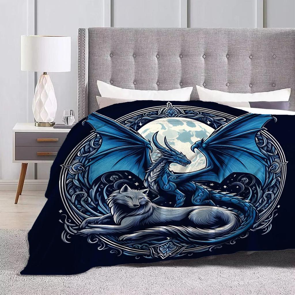 1pc Fantasy Dragon and Wolf Print Thickened Flannel Blanket Warm Skin-friendly Soft Sofa Bed Blanket Suitable for All Seasons
