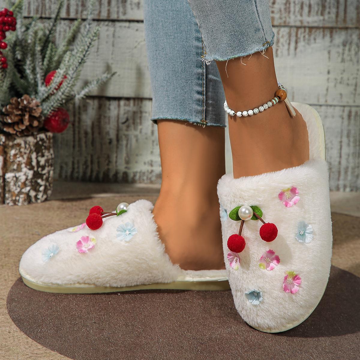

Fashion Women Cherry Slippers 2024 New House Casual Fluffy Slides Women Winter Warm Plush Slippers Bedroom Ladies Cotton Shoes for Women 42-43 белый