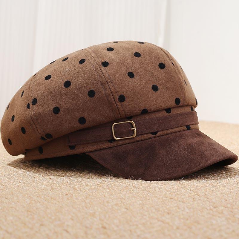 Retro Hong Kong style simple polka dot octagonal hat children autumn and winter fashion versatile painter hat belt buckle color matching cap