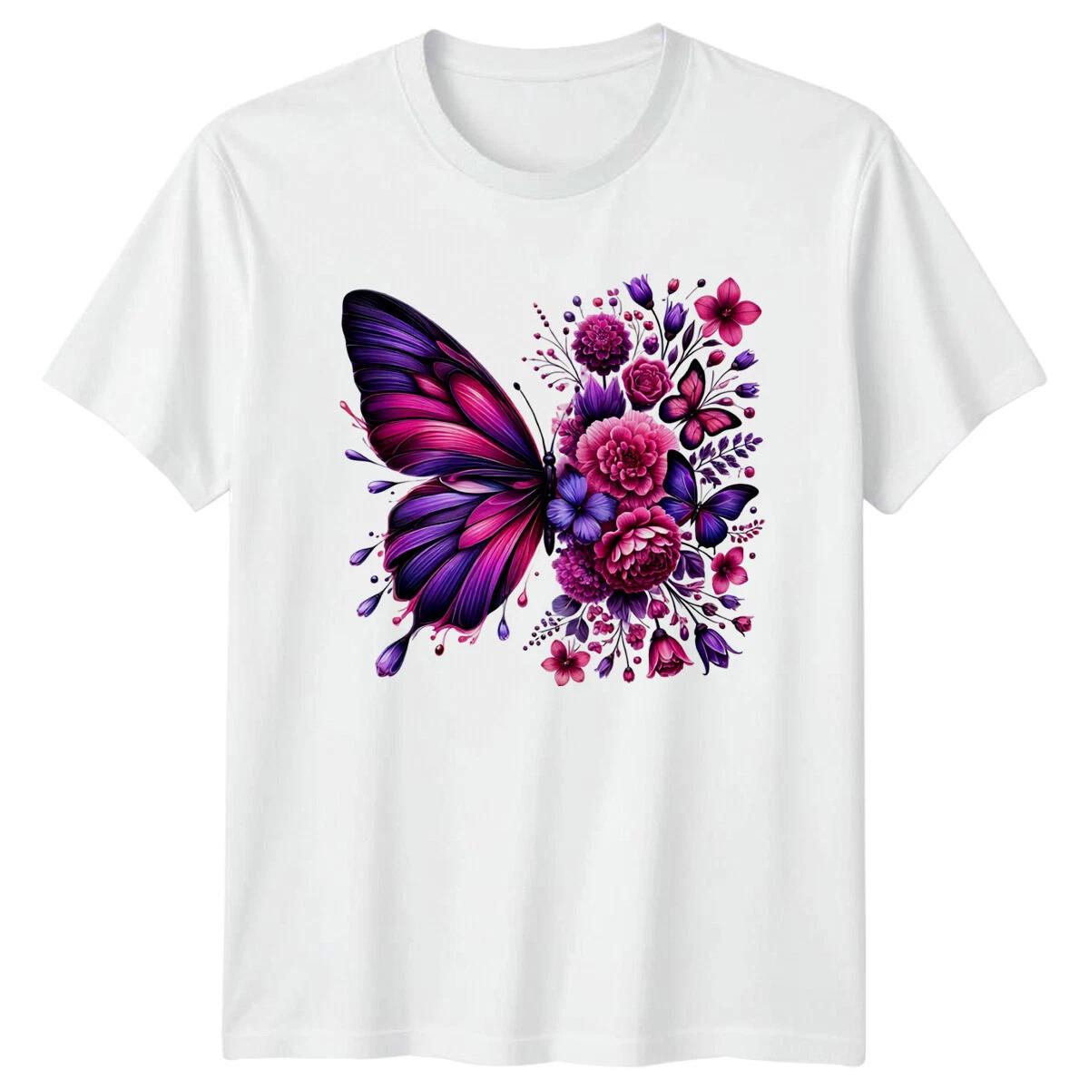 Floral Butterfly T-Shirt Pink Purple Nature Flower Art Design L