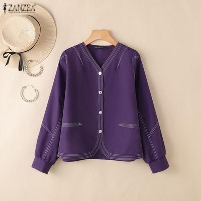 Women Casual V-Neck Solid Color Loose Long Sleeve Blouse