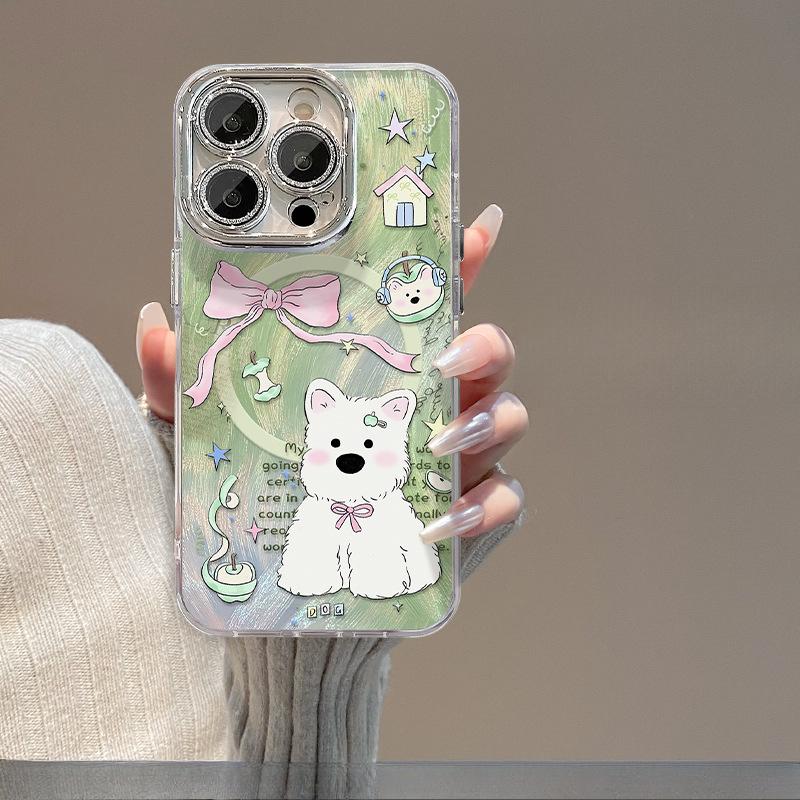 Cute Animal Magnetic Stent Suitable for Apple 15 Feather Yarn Mobile Phone Case 14PRO Full-inclusive Lens Film 13/12
