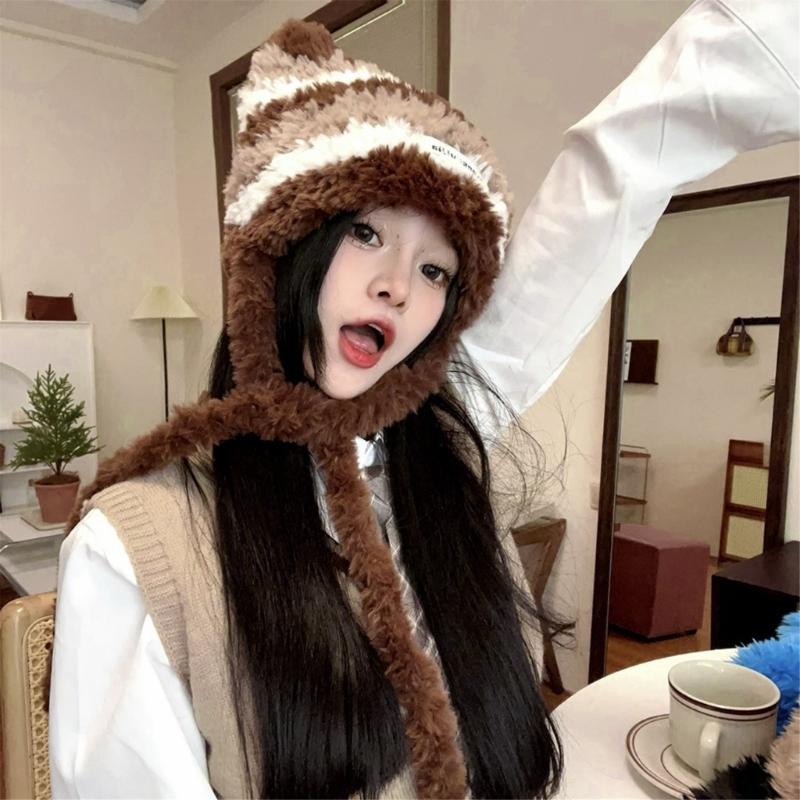 Halloween Cat Ear Hat Knit Y2K Beanie Hat Striped Party Holiday Winter Warm Hat Beanie Theme for Teens