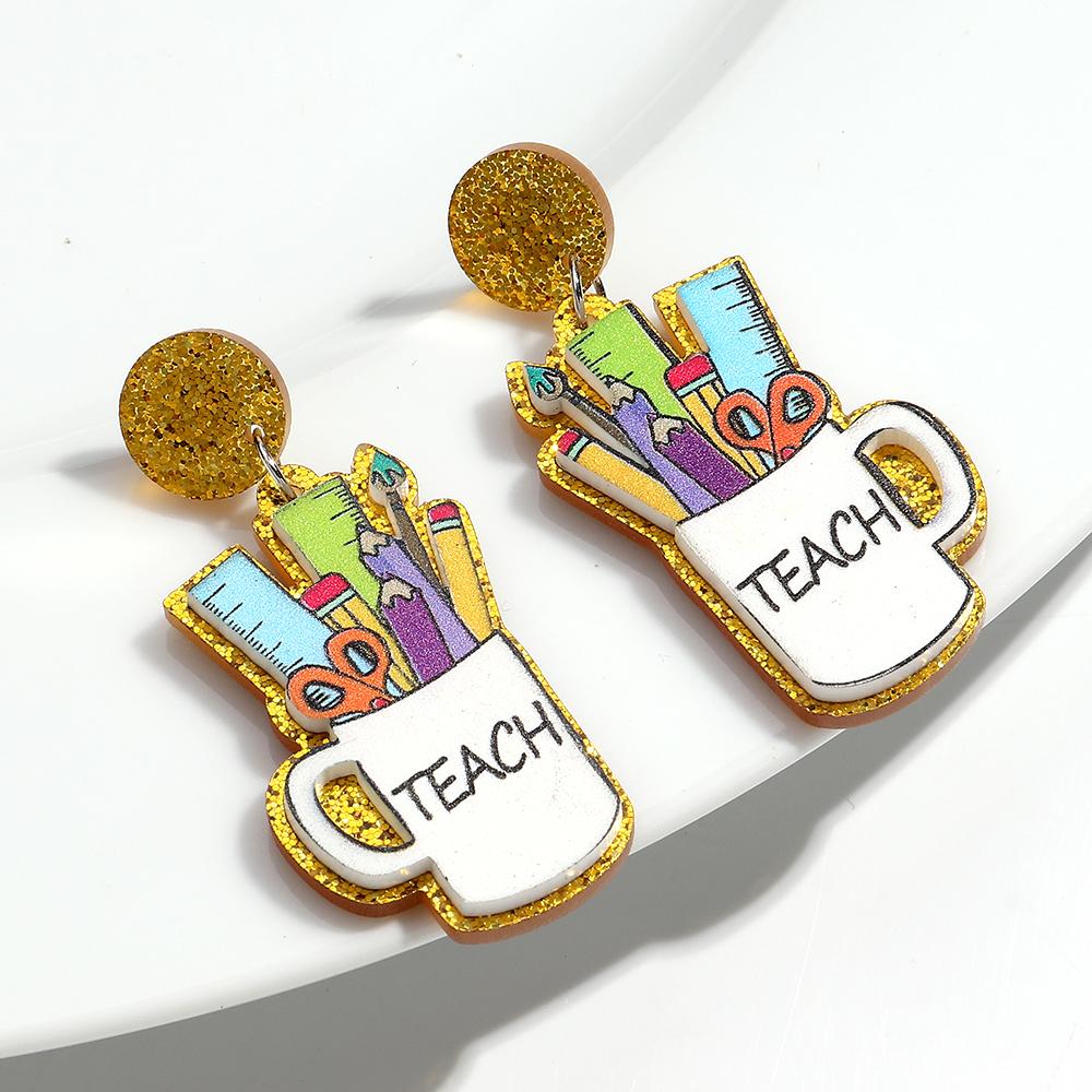 Lovely Glitter Acrylic School Day Ruler Scissors Pencil Drop Earrings for Women Double-layer Cup English Letter Dangle earrings