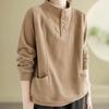 Warm Thermal Sweatshirt Women's Loose Button Half Collar Velvet Polyester Full Sleeve Casual