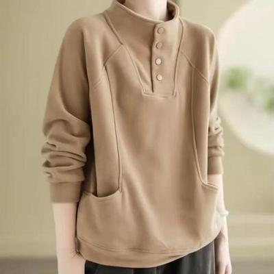 Warm Thermal Sweatshirt Women's Loose Button Half Collar Velvet Polyester Full Sleeve Casual