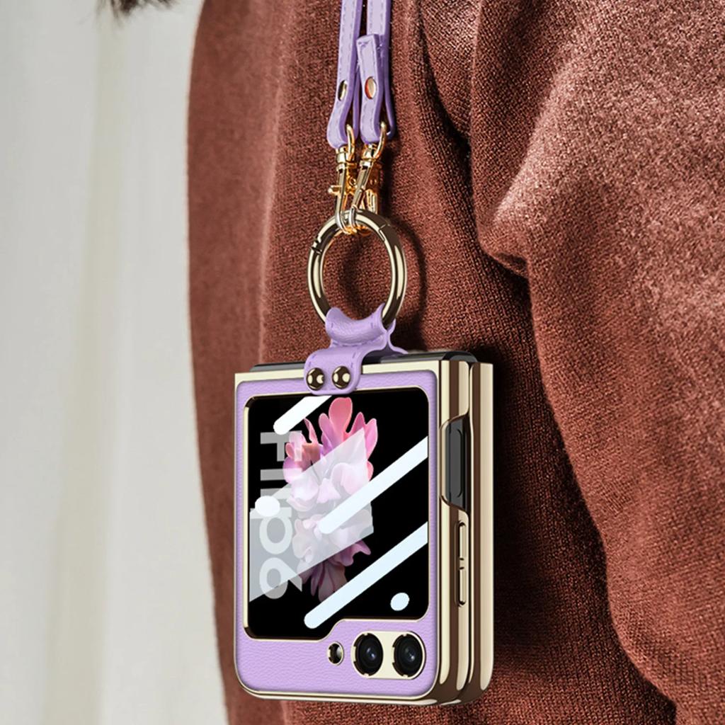 Luxury Plating Leather Shoulder Strap Case For Samsung Galaxy Z Flip 6 Screen Glass Ring Holder Cover For Galaxy Z Flip 5 Cases
